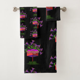 Black Deco Potted Flowers Bath Towel Set