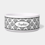 Black Decorative Damask Pattern With Custom Name Bowl<br><div class="desc">Lovely black vintage damask pattern background on white with a personalizable text area for the name of the pet. The font is a lovely script font in black color.</div>