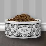 Black Decorative Damask Pattern With Custom Name Bowl<br><div class="desc">Lovely black vintage damask pattern background on white with a personalizable text area for the name of the pet. The font is a lovely script font in black color.</div>