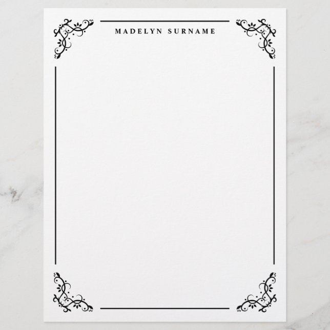 Black Decorative Ornate Swirl Frame And Name Letterhead (Front)