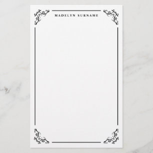 Black Decorative Ornate Swirl Frame And Name Stationery
