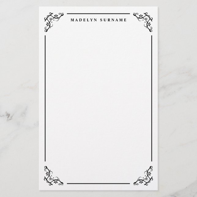Black Decorative Ornate Swirl Frame And Name Stationery (Front)