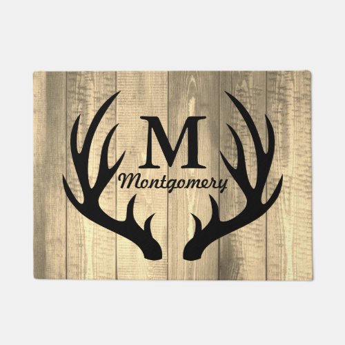 Black Deer Antlers Barn Wood Planks _ Personalized Doormat
