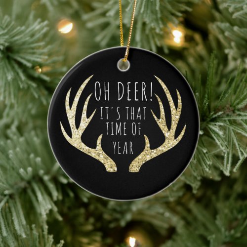Black  Deer Antlers Christmas Family Photo Ceramic Ornament