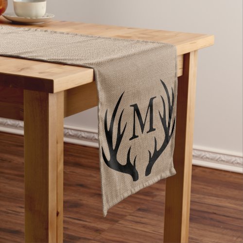 Black Deer Antlers Faux Burlap _ Personalized Long Table Runner