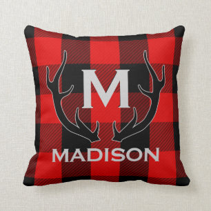 Black Deer Antlers Monogram Red Buffalo Check Throw Pillow