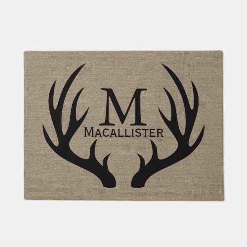 Black Deer Buck Antlers  Faux Burlap Family Name Doormat