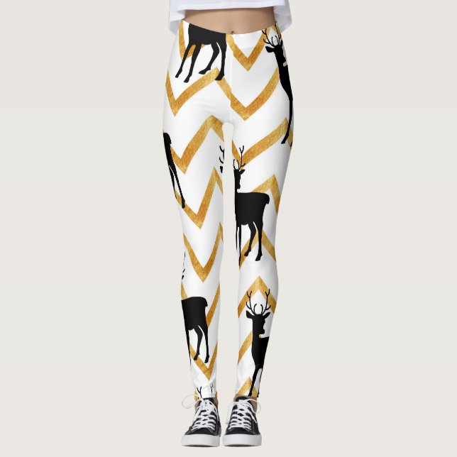 Black deer, gold texture pattern. leggings (Front)