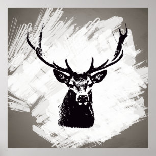 Black deer head on white Poster