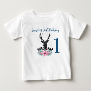Black Deer Head Pink Flowers & Mountains Birthday Baby T-Shirt