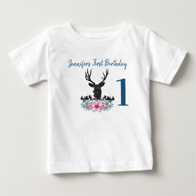 Black Deer Head Pink Flowers & Mountains Birthday Baby T-Shirt (Front)