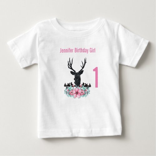 Black Deer Head Pink Flowers  Mountains Birthday Baby T_Shirt