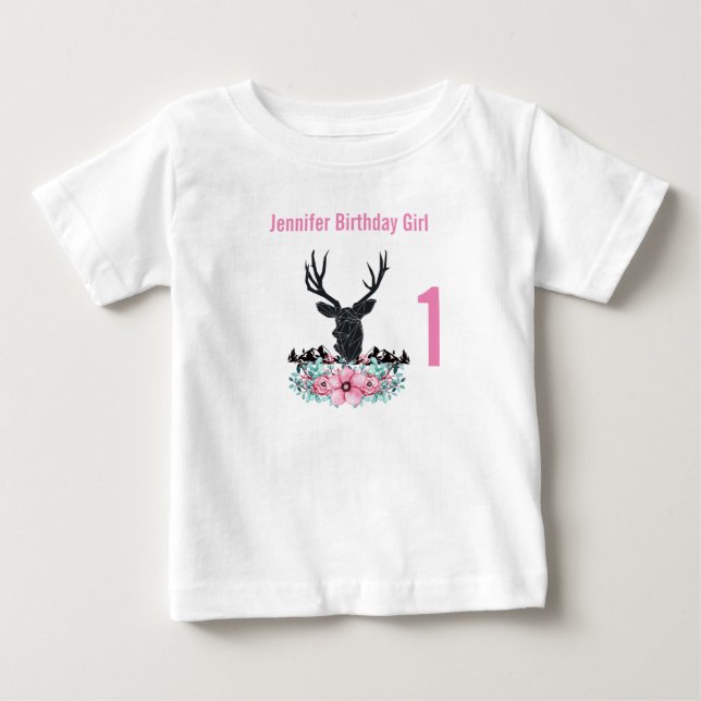 Black Deer Head Pink Flowers & Mountains Birthday Baby T-Shirt (Front)