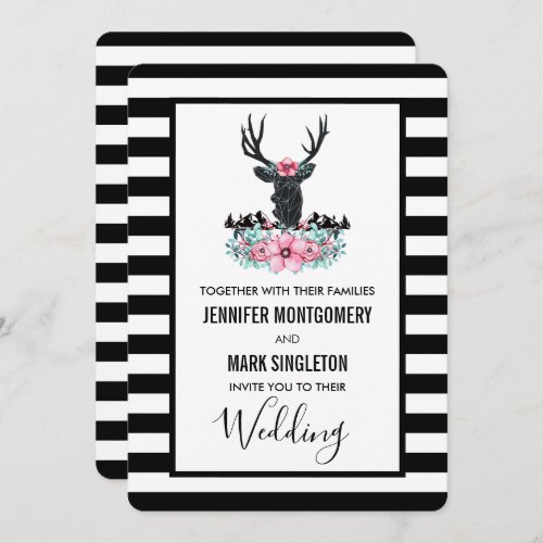 Black Deer Head w Florals  Mountains Wedding Invitation