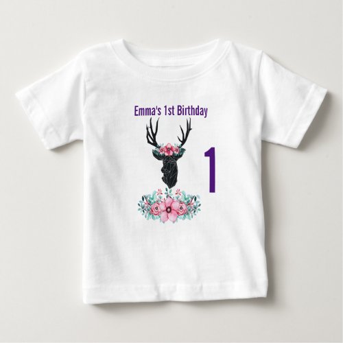 Black Deer Head w Pink Flower Bouquet Birthday Baby T_Shirt