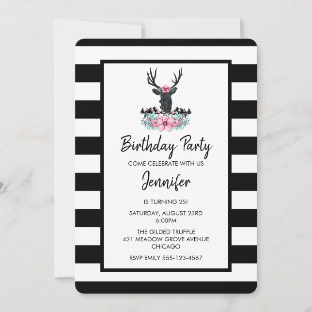 Black Deer Head w/ Pink Flower Bouquet Birthday Invitation (Front)