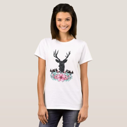 Black Deer Head w Pink Flower Bouquet  Mountains T_Shirt