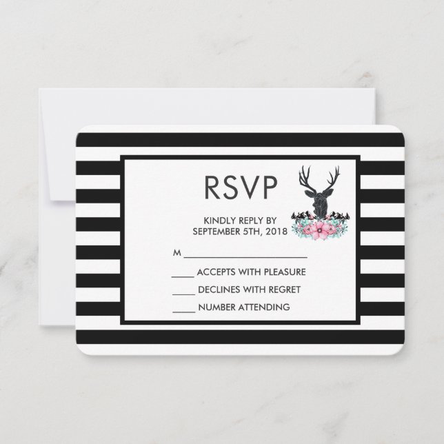 Black Deer Head w/ Pink Flower Bouquet RSVP Card (Front)