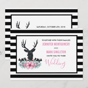 Black Deer Head w/ Pink Flowers & Mountain Wedding Invitation