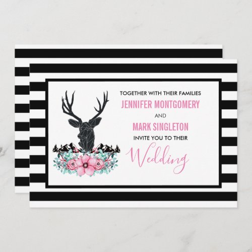 Black Deer Head w Pink Flowers  Mountain Wedding Invitation