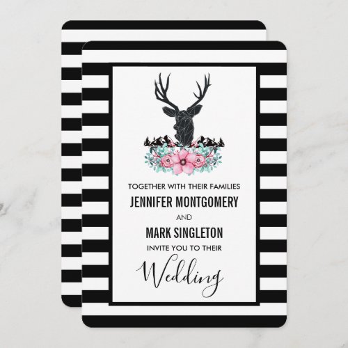 Black Deer Head w Pink Flowers  Mountain Wedding Invitation