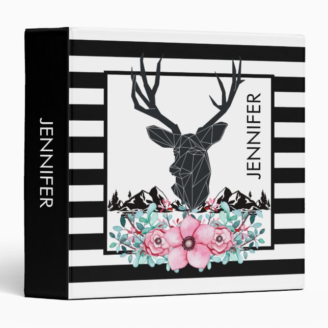 Black Deer Head w/ Pink Flowers & Mountains 3 Ring Binder (Front/Spine)