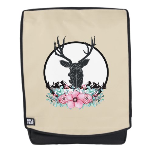 Black Deer Head w Pink Flowers  Mountains Backpack