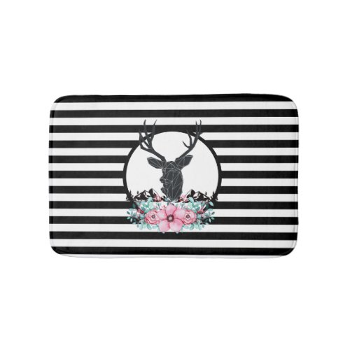 Black Deer Head w Pink Flowers  Mountains Bath Mat