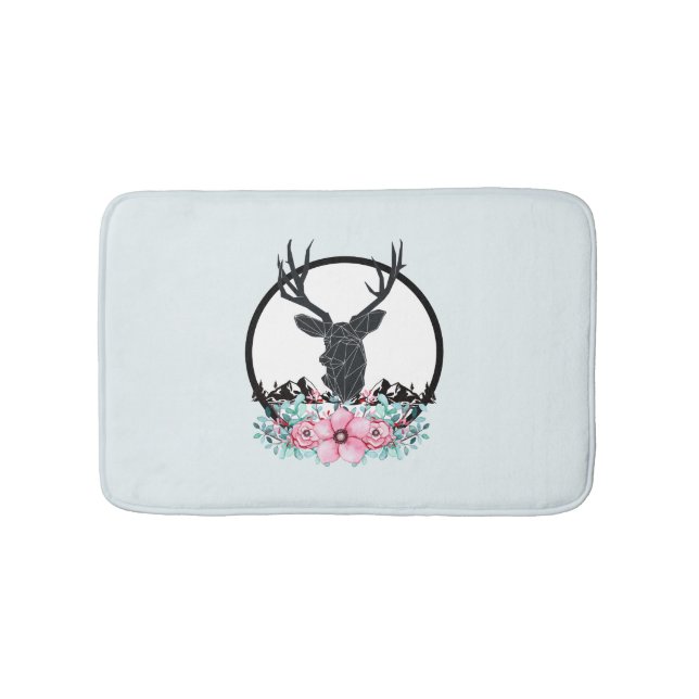 Black Deer Head w/ Pink Flowers & Mountains Bath Mat (Front)