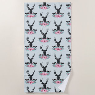 Black Deer Head w/ Pink Flowers & Mountains Beach Towel