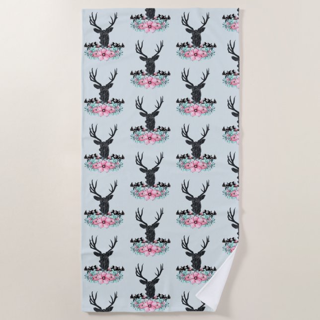 Black Deer Head w/ Pink Flowers & Mountains Beach Towel (Front)