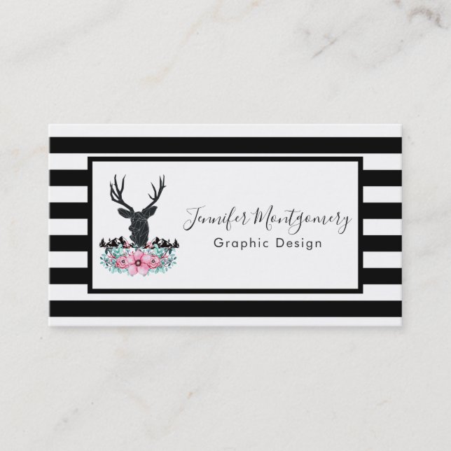 Black Deer Head w/ Pink Flowers & Mountains Business Card (Front)