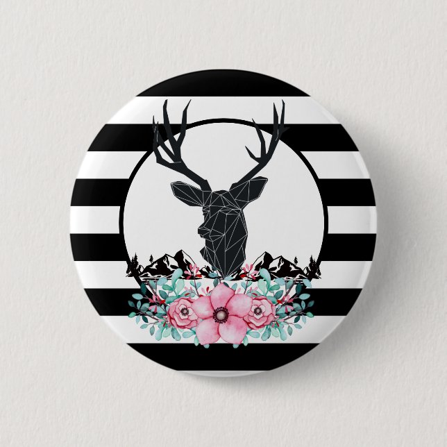 Black Deer Head w/ Pink Flowers & Mountains Button (Front)