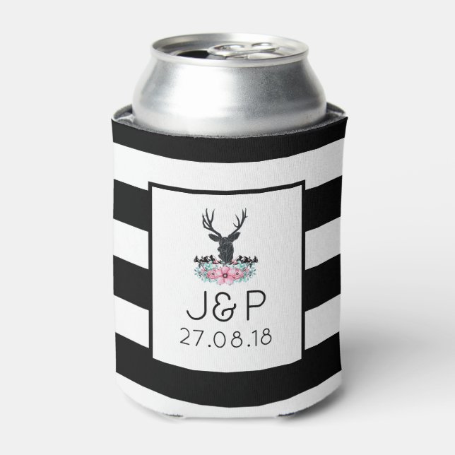 Black Deer Head w/ Pink Flowers & Mountains Can Cooler (Can Front)
