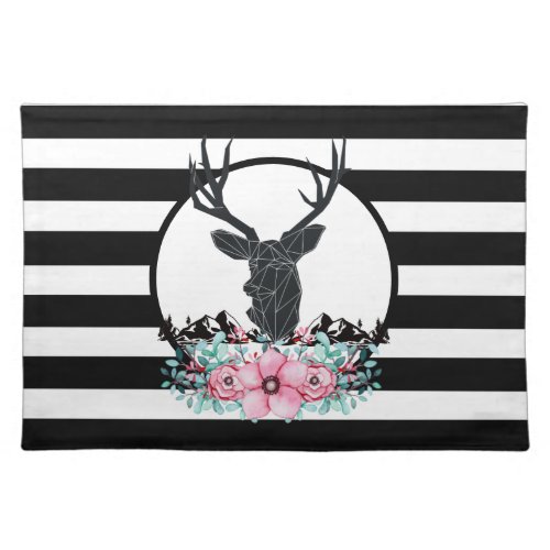 Black Deer Head w Pink Flowers  Mountains Cloth Placemat