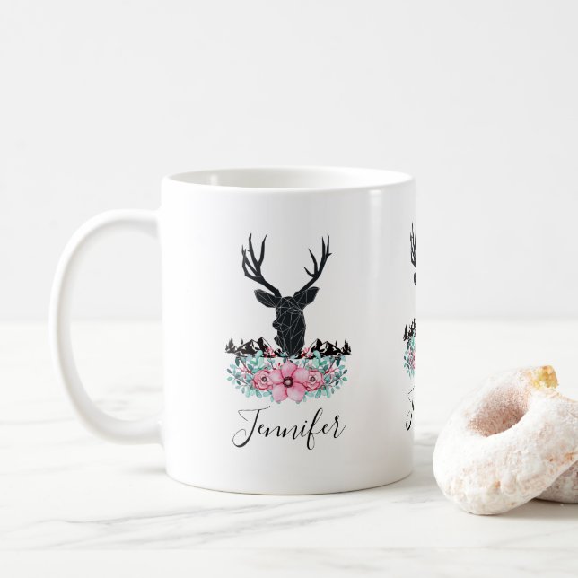 Black Deer Head w/ Pink Flowers & Mountains Coffee Mug (With Donut)