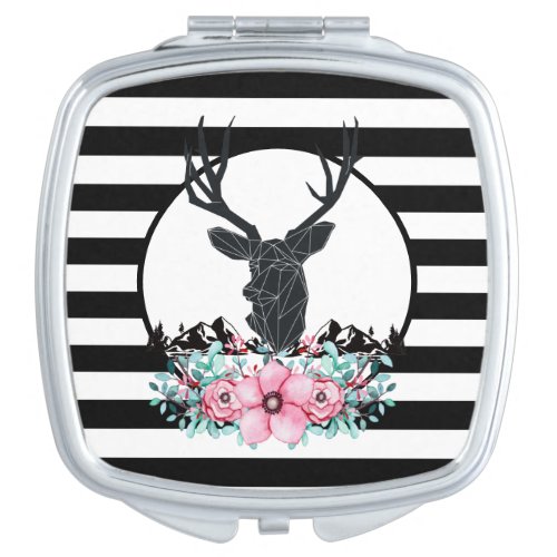 Black Deer Head w Pink Flowers  Mountains Compact Mirror