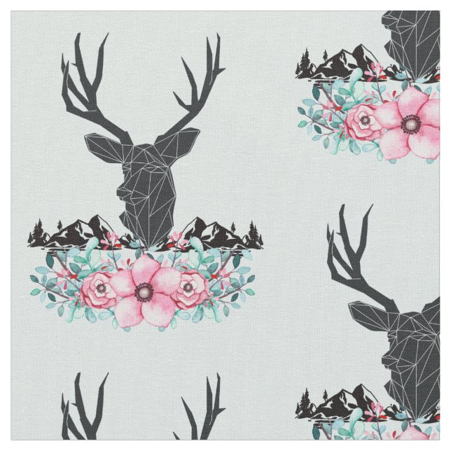 Black Deer Head w/ Pink Flowers & Mountains Fabric (Close Up)