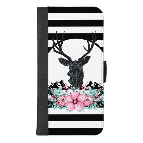 Black Deer Head w Pink Flowers  Mountains iPhone 87 Plus Wallet Case