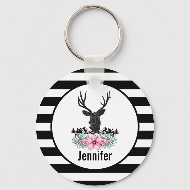Black Deer Head w/ Pink Flowers & Mountains Keychain (Front)