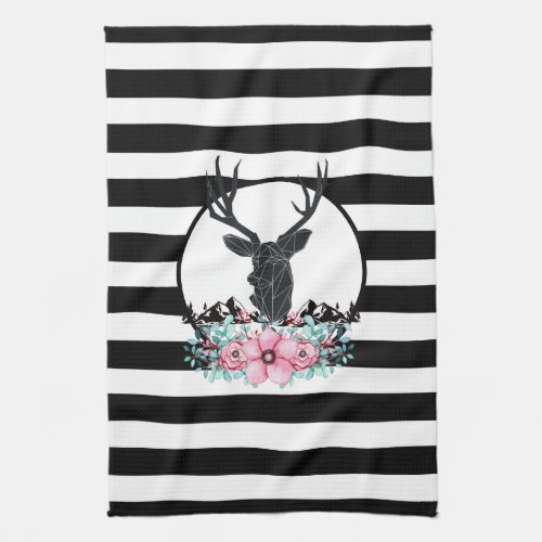 Black Deer Head w Pink Flowers  Mountains Kitchen Towel