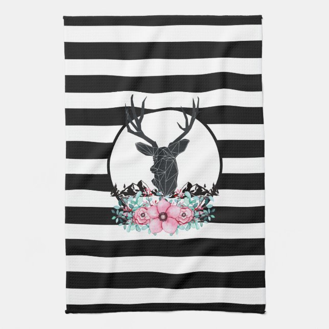 Black Deer Head w/ Pink Flowers & Mountains Kitchen Towel (Vertical)