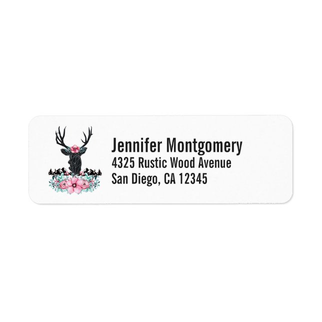 Black Deer Head w/ Pink Flowers & Mountains Label (Front)