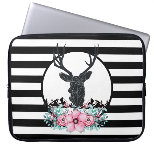 Black Deer Head w Pink Flowers  Mountains Laptop Sleeve