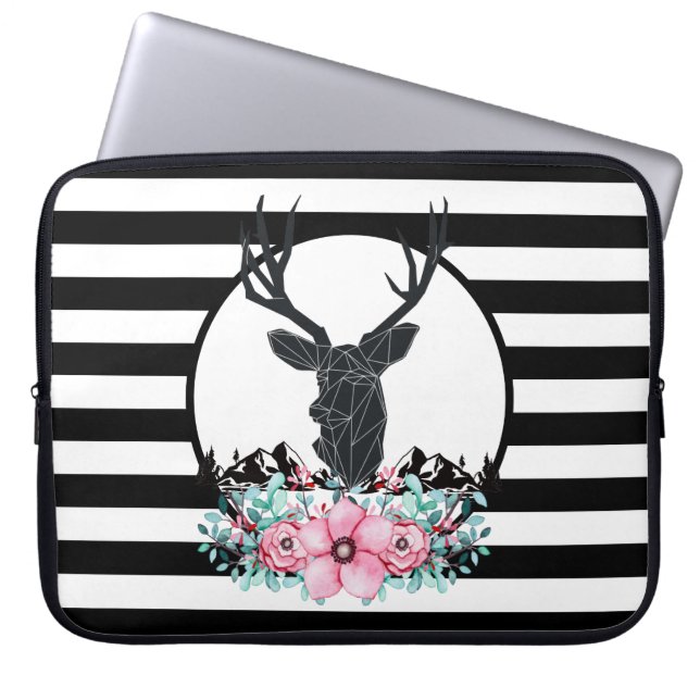 Black Deer Head w/ Pink Flowers & Mountains Laptop Sleeve (Front)