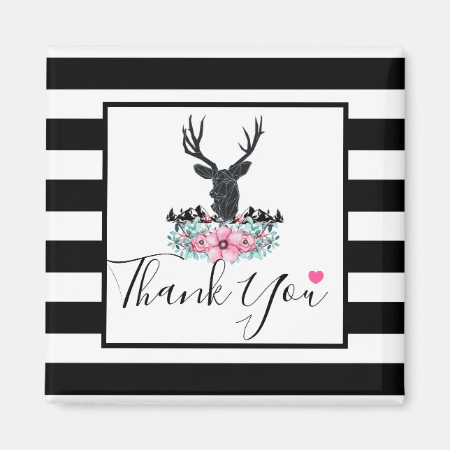 Black Deer Head w/ Pink Flowers & Mountains Magnet (Front)