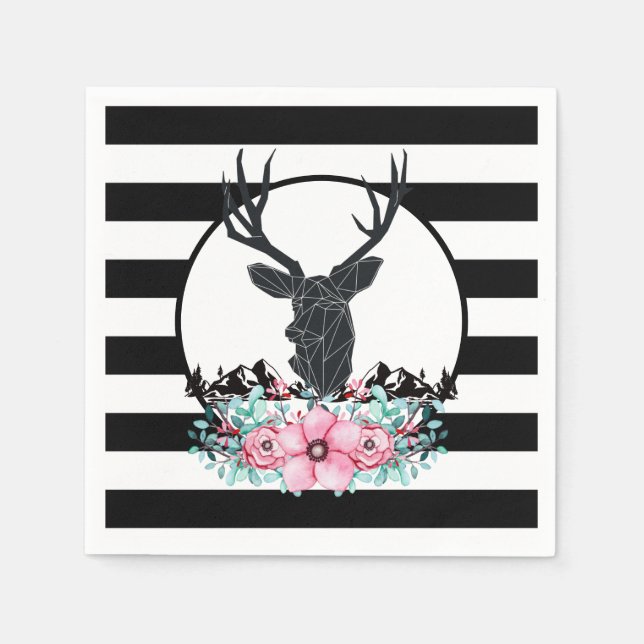 Black Deer Head w/ Pink Flowers & Mountains Napkins (Front)