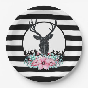Black Deer Head w/ Pink Flowers & Mountains Paper Plates