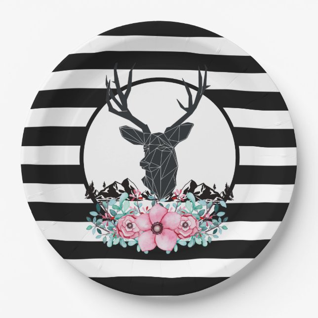 Black Deer Head w/ Pink Flowers & Mountains Paper Plates (Front)
