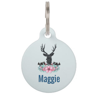 Black Deer Head w/ Pink Flowers & Mountains Pet ID Tag